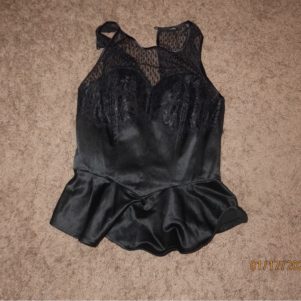 Guess Black Lace Peplum Top XS Glam Coquette Vintage Glam